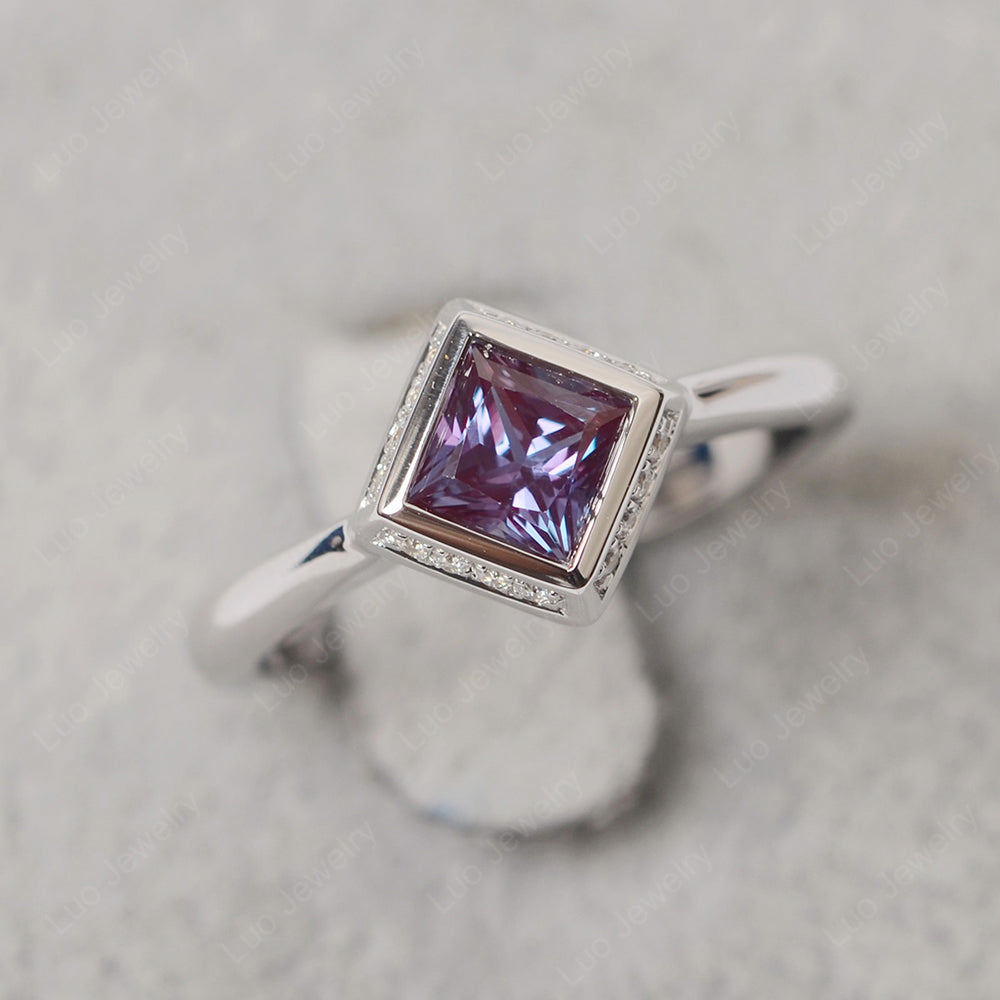 Princess Cut Alexandrite Halo Bezel Set Ring - LUO Jewelry