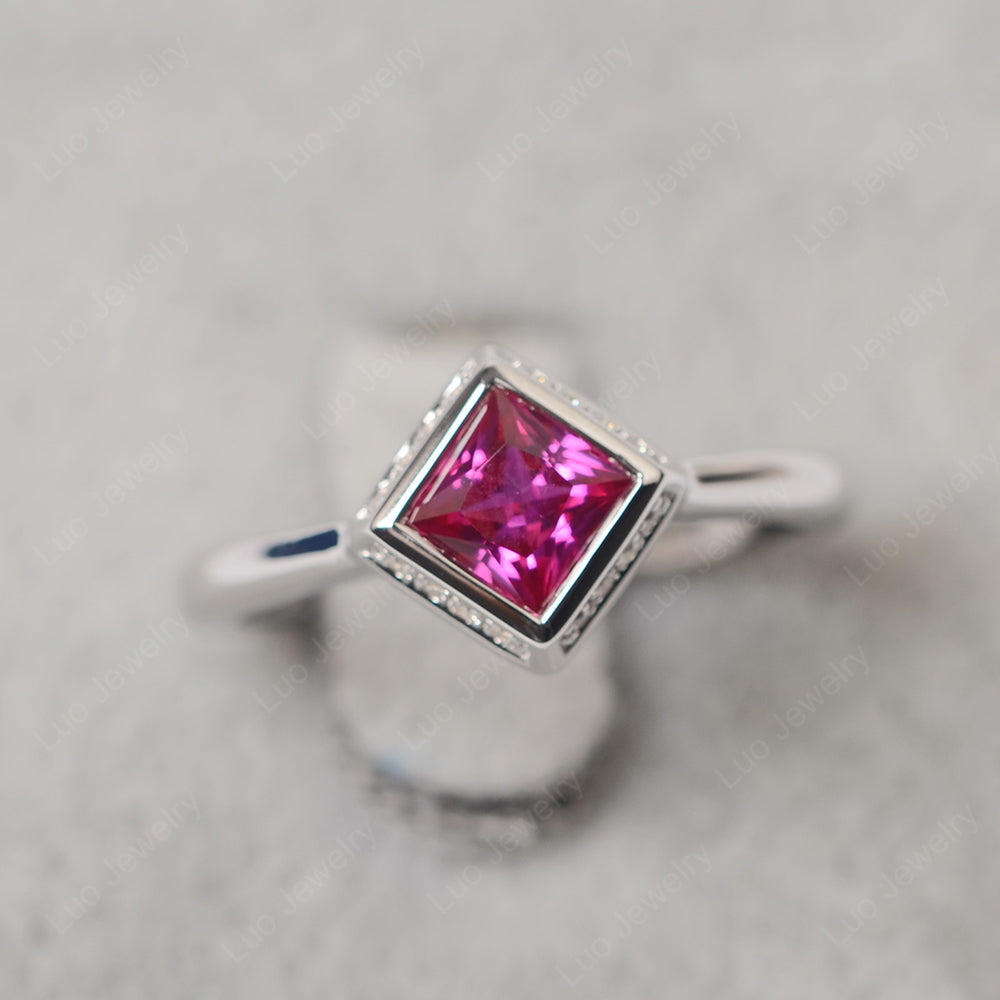Princess Cut Ruby Halo Bezel Set Ring - LUO Jewelry