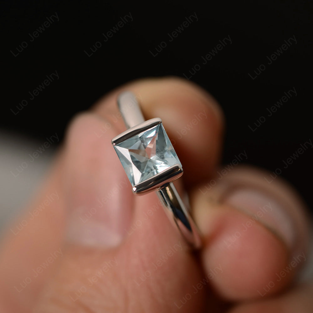 Half Bezel Aquamarine Solitaire Engagement Ring - LUO Jewelry