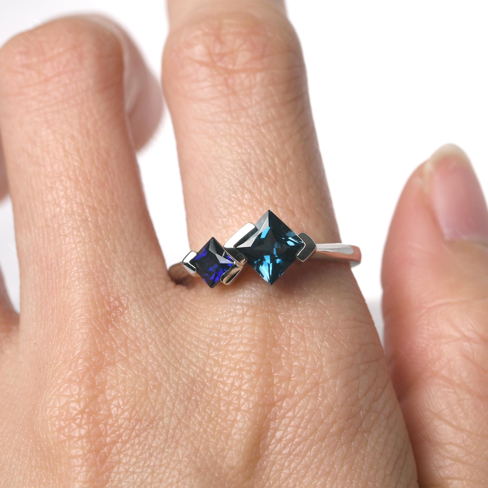 Kite Set 2 Stone Princess Cut London Blue Topaz and Sapphire Ring - LUO Jewelry