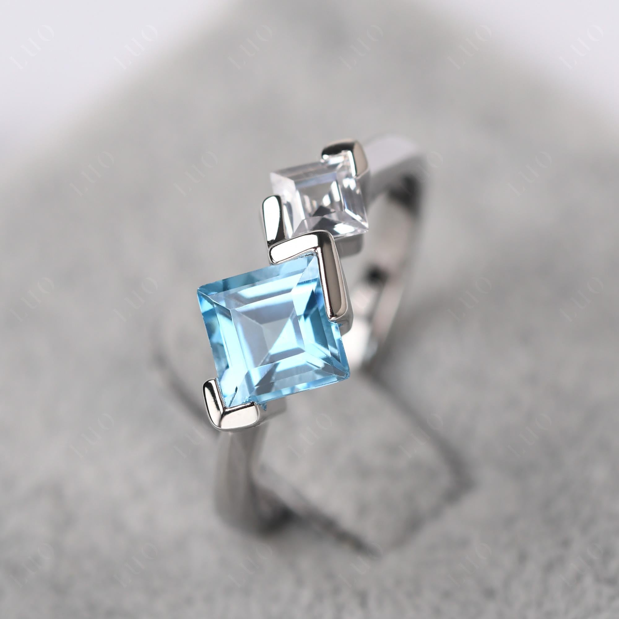 Kite Set 2 Stone Square Cut Swiss Blue Topaz Ring - LUO Jewelry