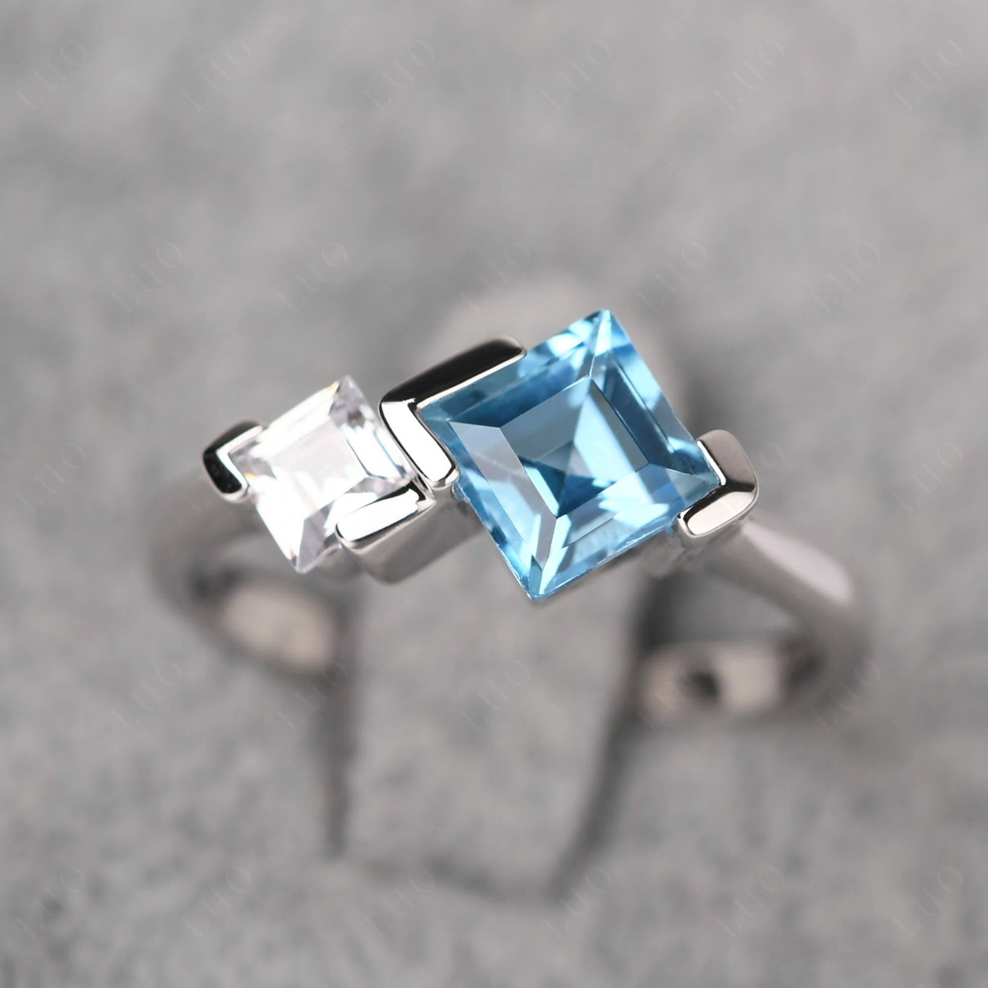 Kite Set 2 Stone Square Cut Swiss Blue Topaz Ring - LUO Jewelry