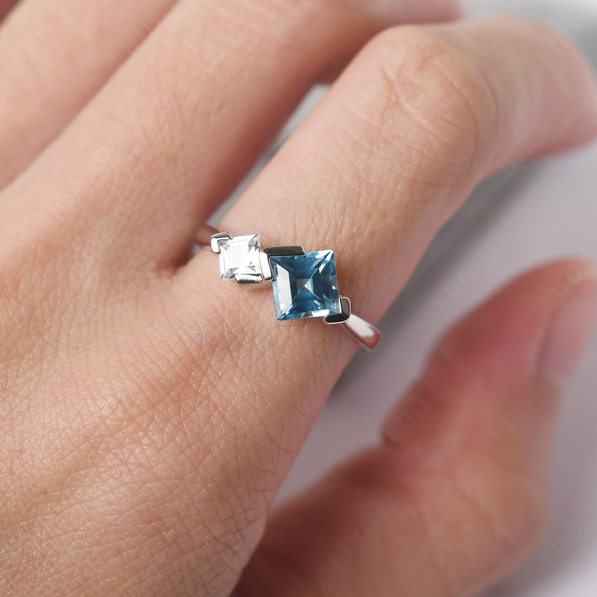 Kite Set 2 Stone Square Cut Swiss Blue Topaz Ring - LUO Jewelry