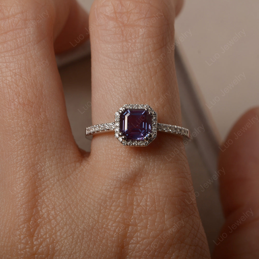 Asscher Cut Alexandrite Halo Engagement Ring - LUO Jewelry