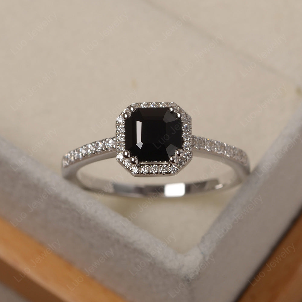 Black Spinel Asscher Cut Halo Engagement Ring LUO