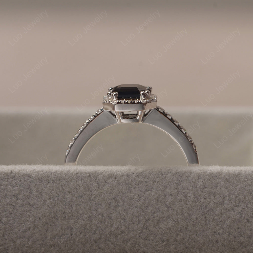 Asscher Cut Black Spinel Halo Engagement Ring - LUO Jewelry