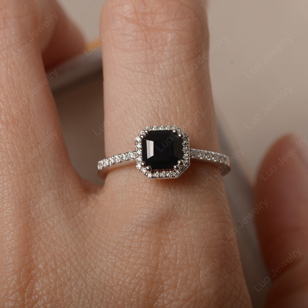 Asscher Cut Black Spinel Halo Engagement Ring - LUO Jewelry