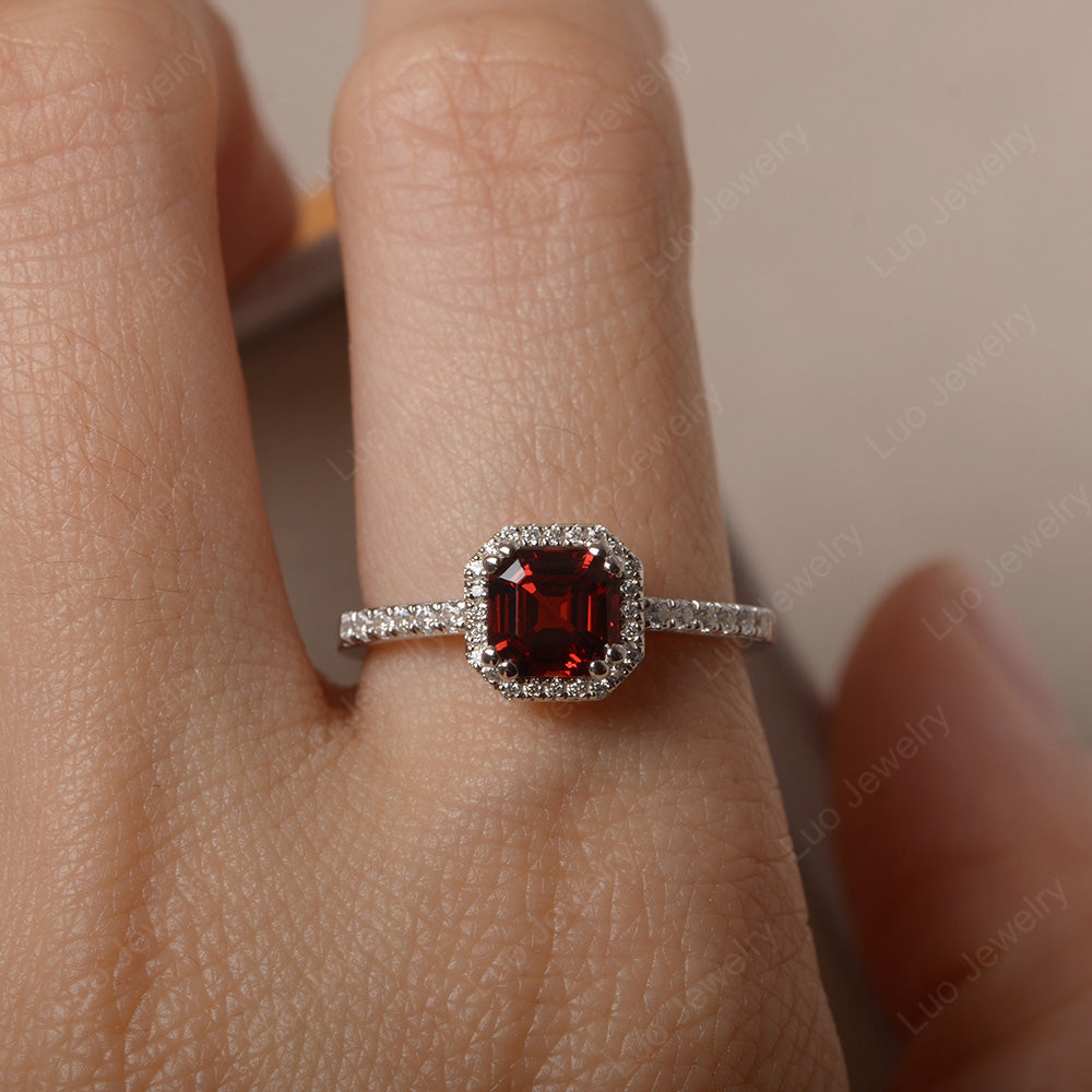 Asscher Cut Garnet Halo Engagement Ring - LUO Jewelry