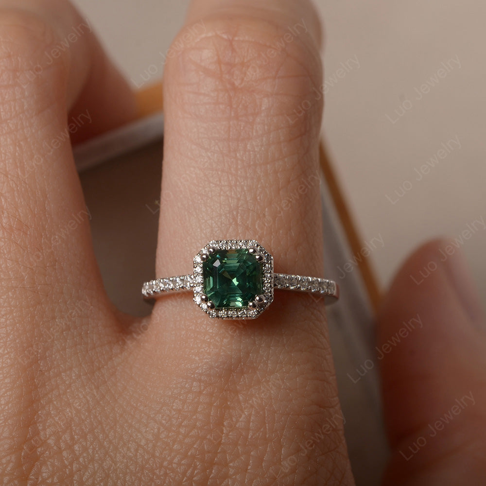 Asscher Cut Green Sapphire Halo Engagement Ring - LUO Jewelry