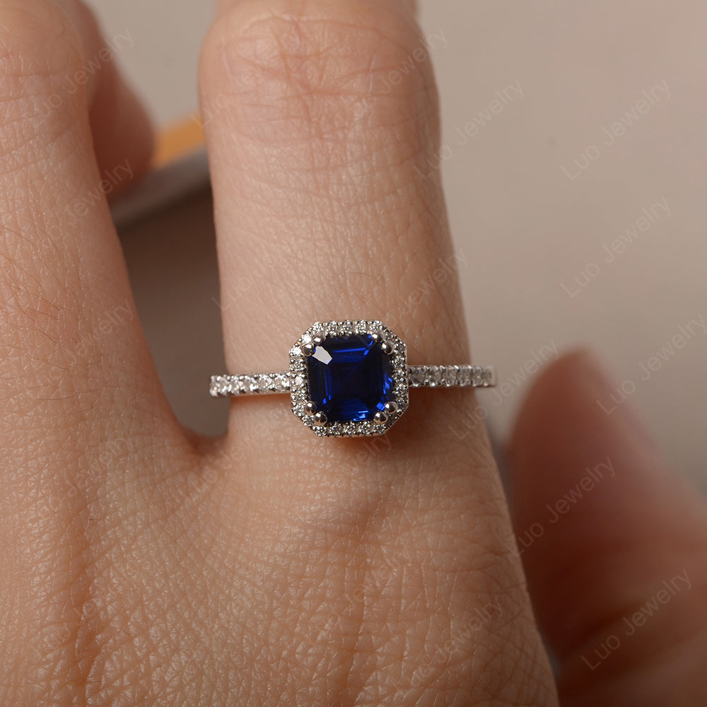 Asscher Cut Lab Sapphire Halo Engagement Ring - LUO Jewelry