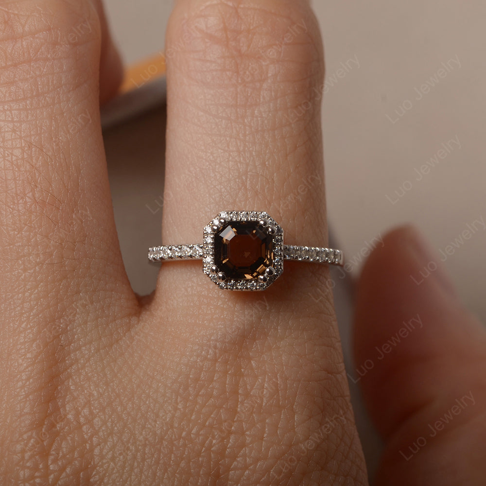 Asscher Cut Smoky Quartz  Halo Engagement Ring - LUO Jewelry