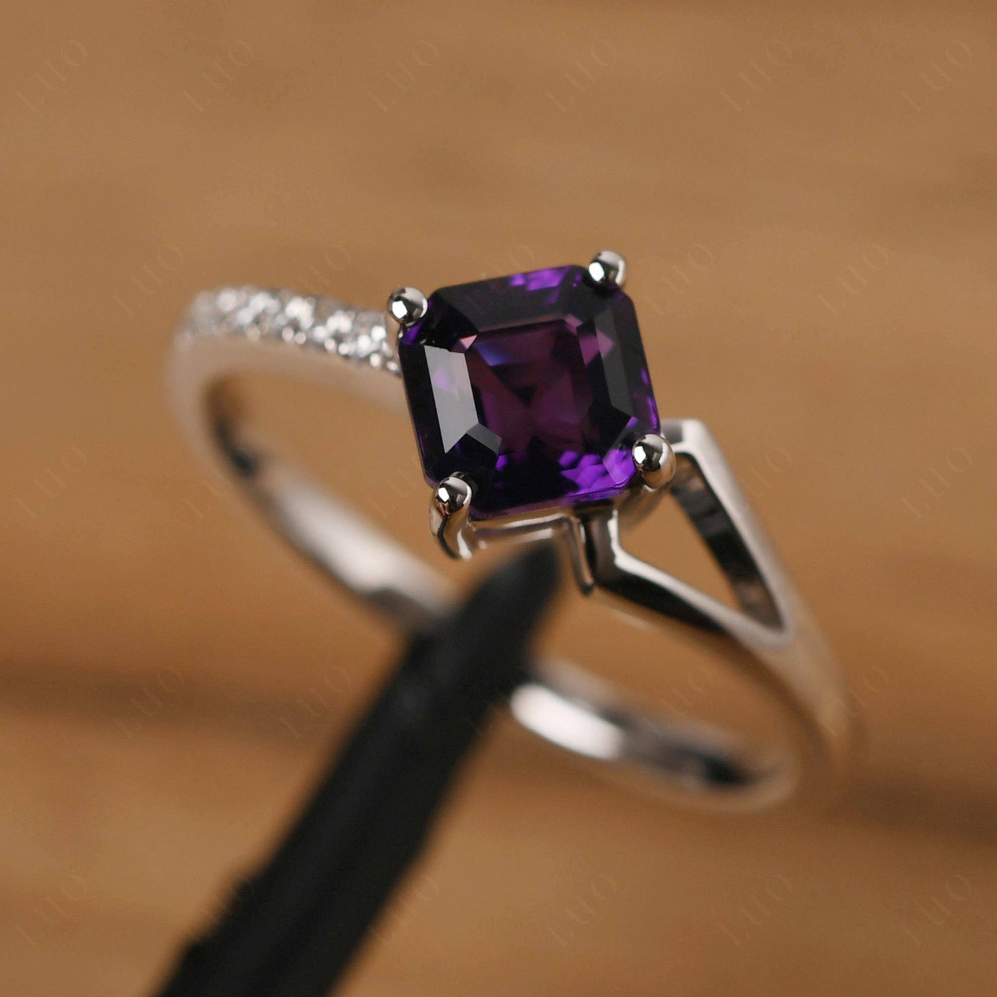 Amethyst Ring Asscher Engagement Ring - LUO Jewelry