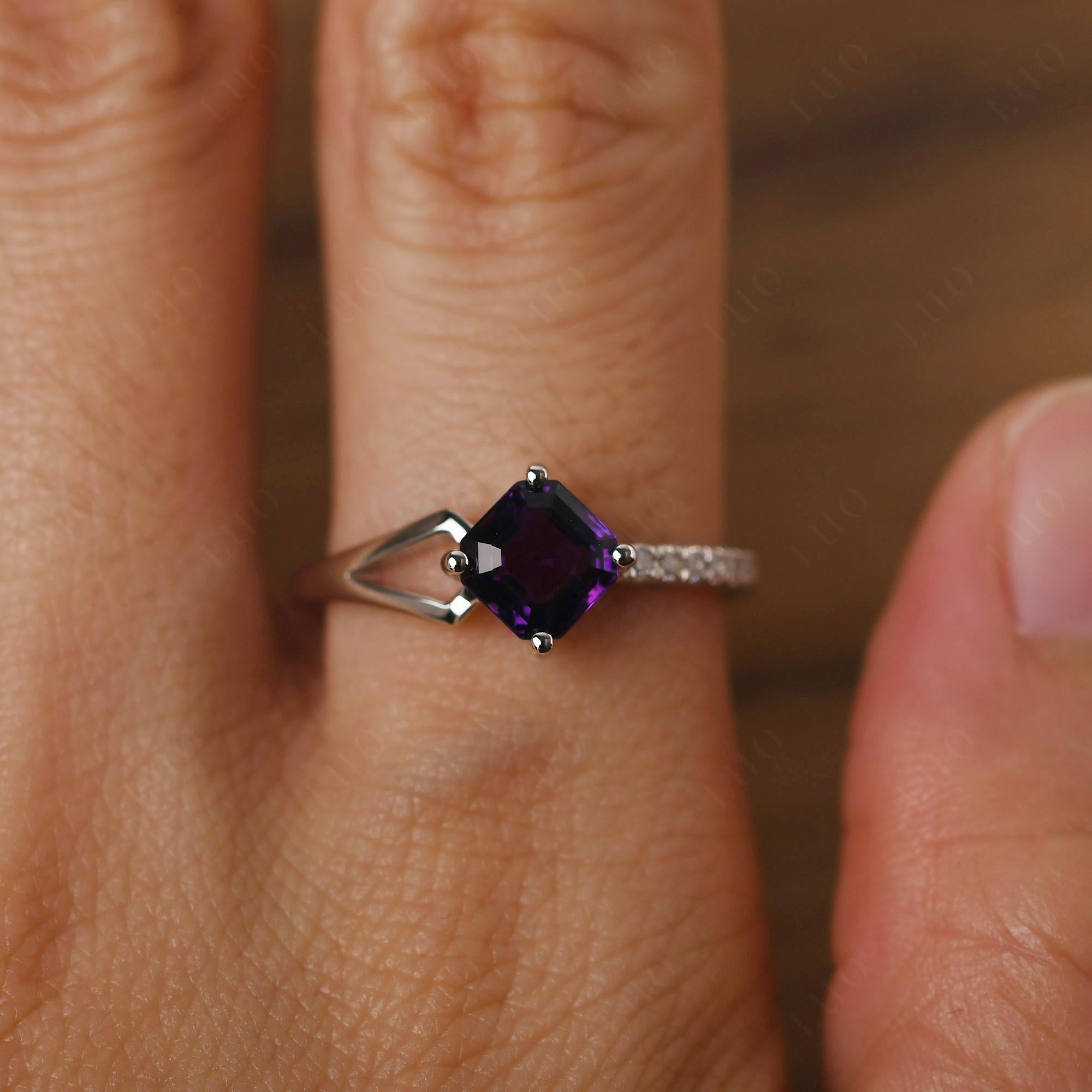 Amethyst Ring Asscher Engagement Ring - LUO Jewelry
