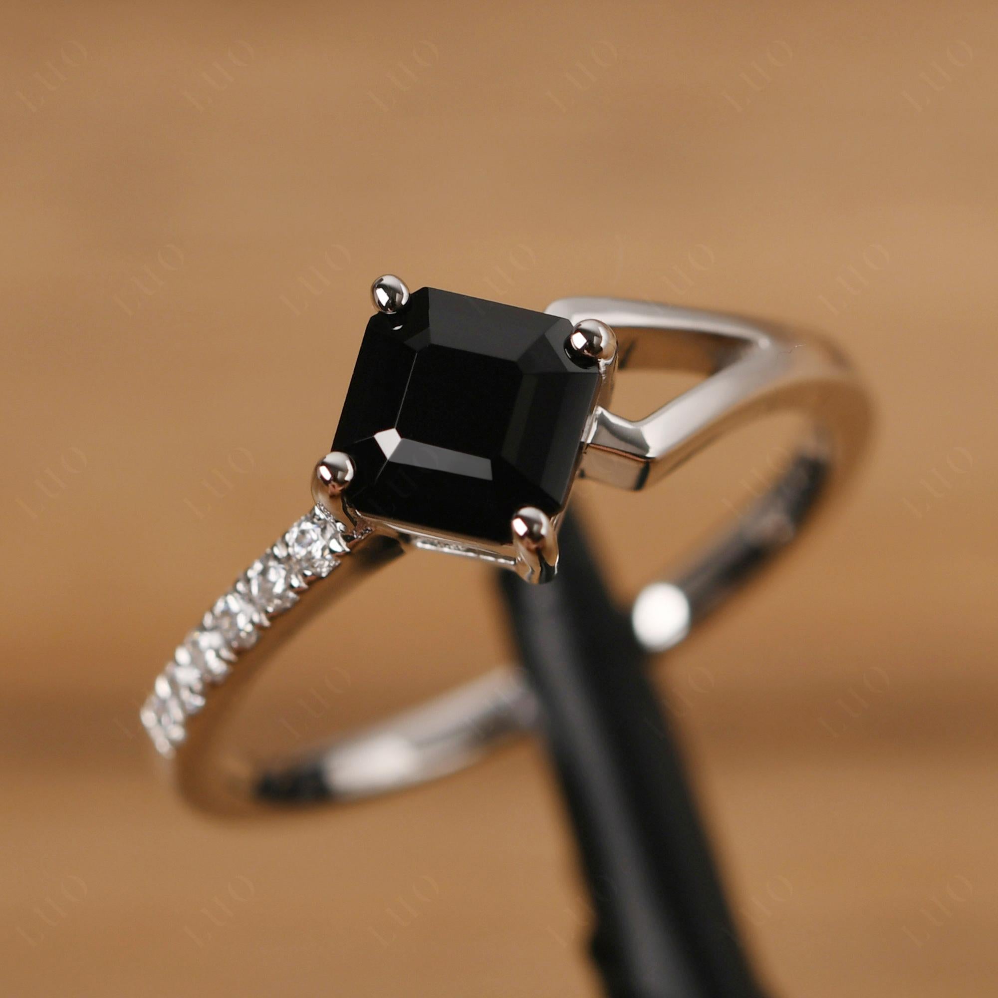 Black Stone Ring Asscher Engagement Ring - LUO Jewelry