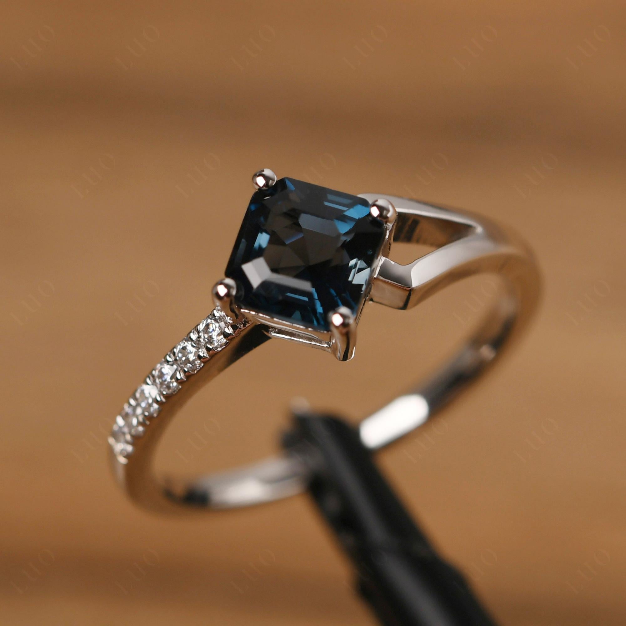 London Blue Topaz Ring Asscher Engagement Ring - LUO Jewelry