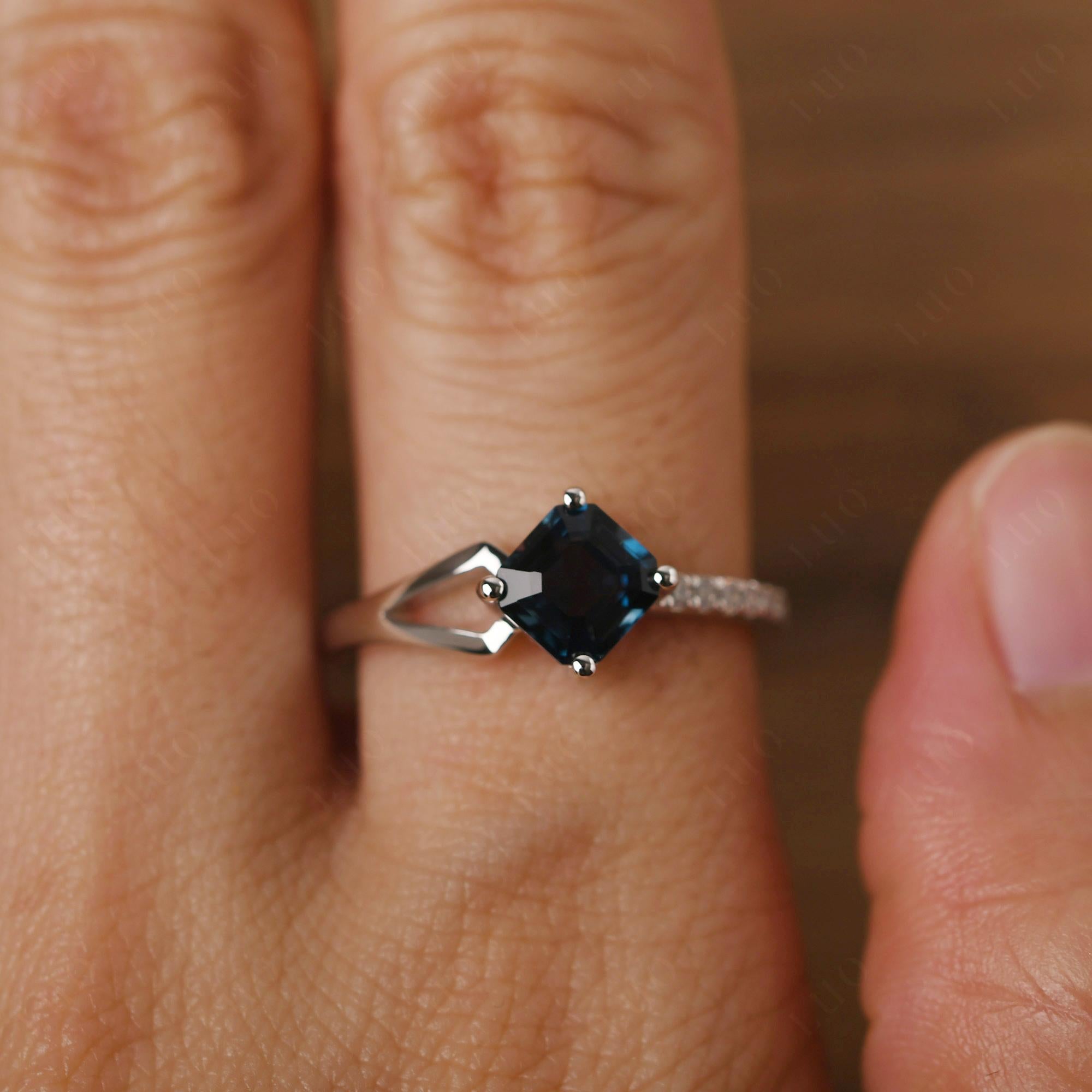 London Blue Topaz Ring Asscher Engagement Ring - LUO Jewelry