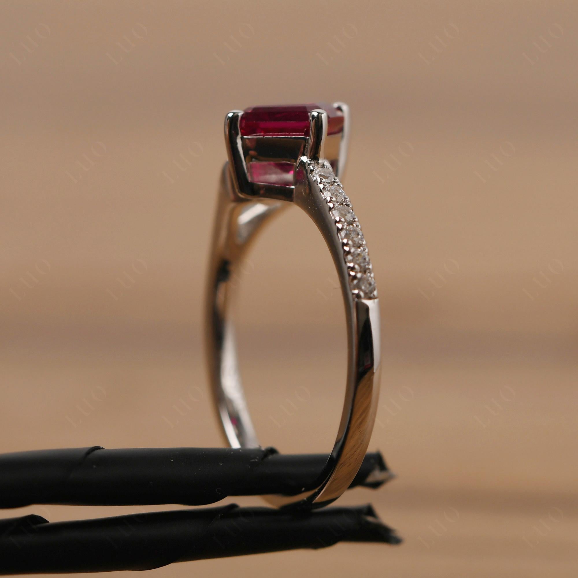 Lab Ruby Ring Asscher Engagement Ring - LUO Jewelry