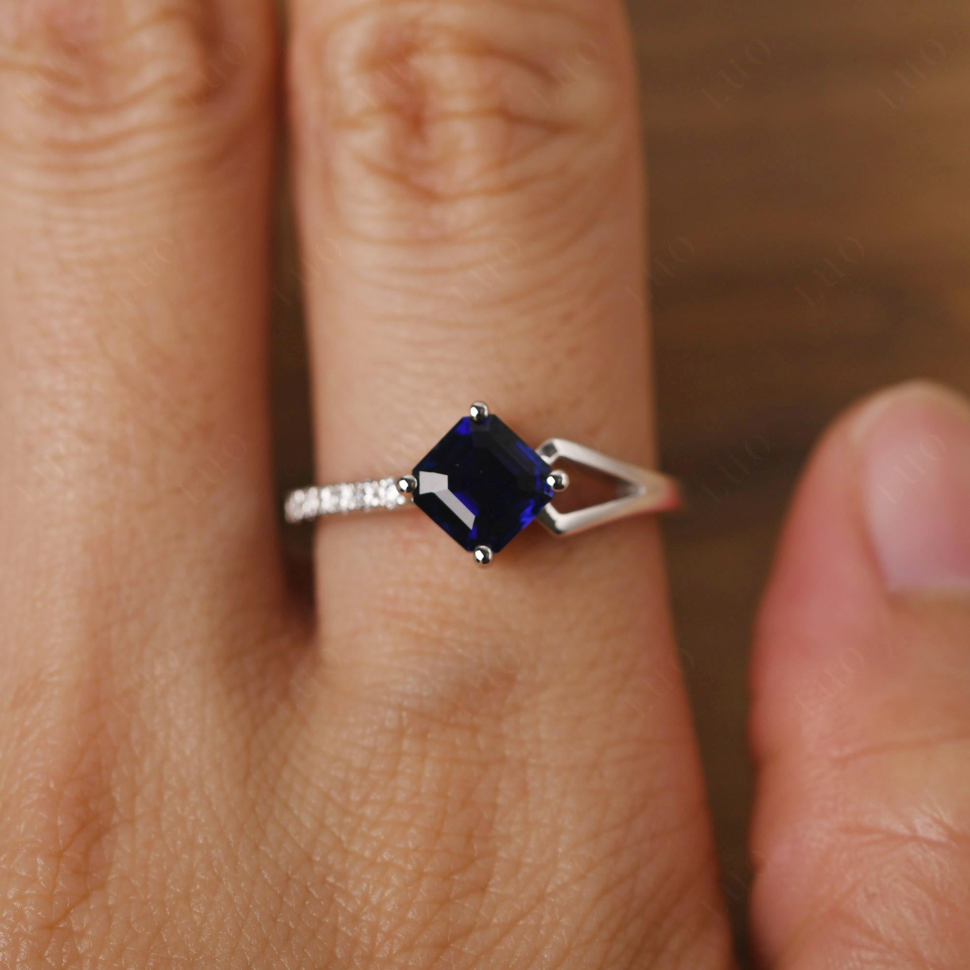 Lab Created Sapphire Ring Asscher Engagement Ring - LUO Jewelry