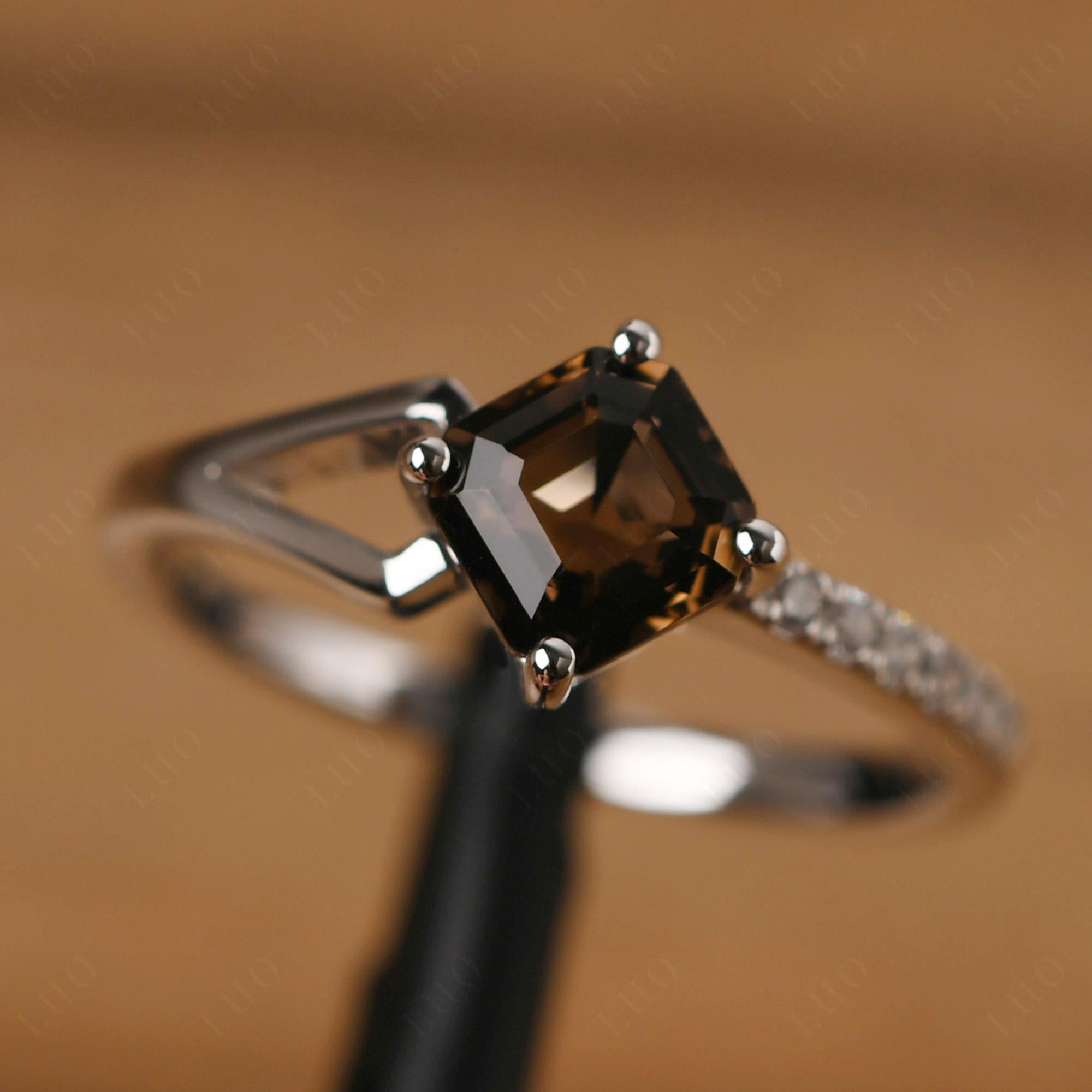 Smoky Quartz Ring Asscher Engagement Ring - LUO Jewelry