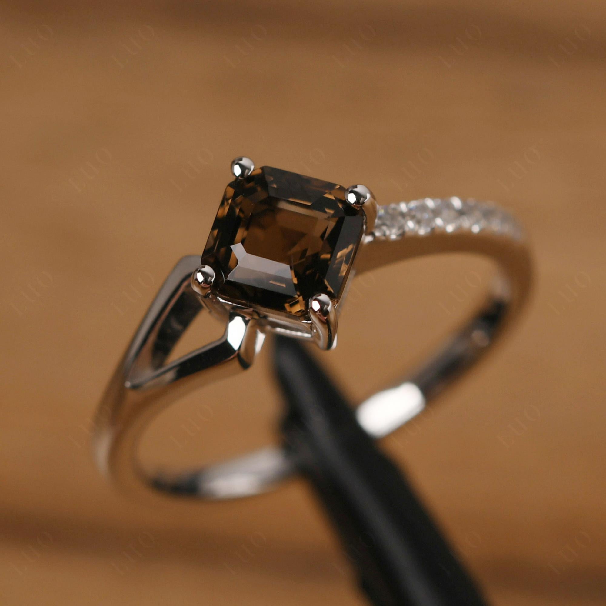 Smoky Quartz Ring Asscher Engagement Ring - LUO Jewelry