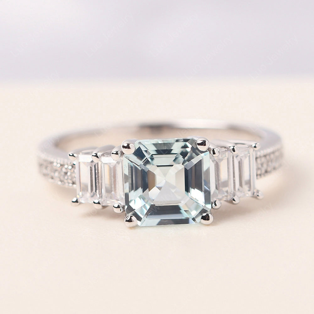 Asscher Cut Aquamarine Engagement Ring With Baguette - LUO Jewelry