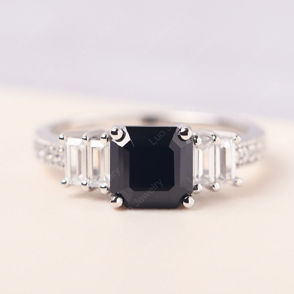 Asscher Cut Black Stone Engagement Ring With Baguette - LUO Jewelry