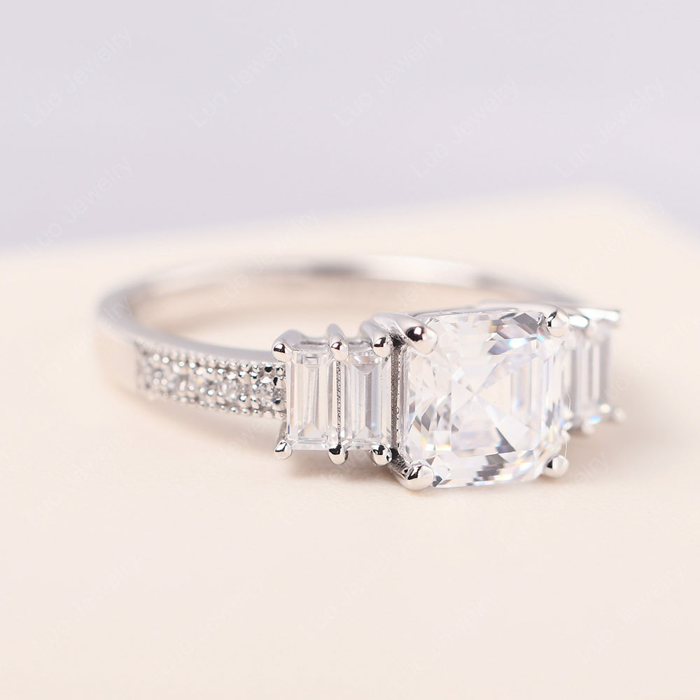Asscher Cut Cubic Zirconia Engagement Ring With Baguette - LUO Jewelry