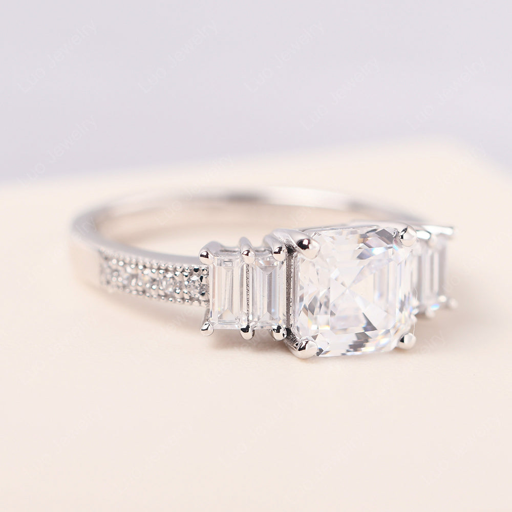 Asscher Cut Cubic Zirconia Engagement Ring With Baguette - LUO Jewelry