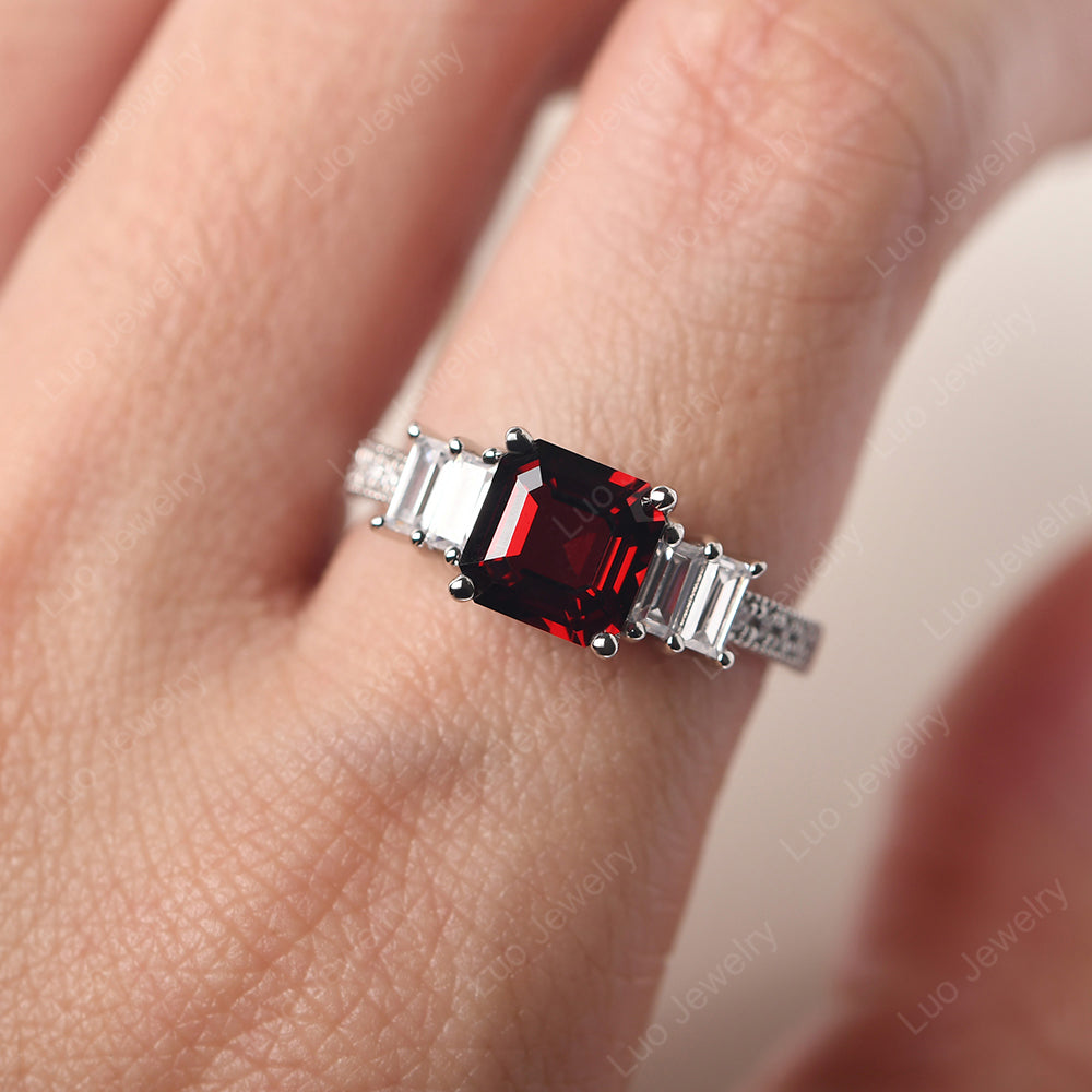 Asscher Cut Garnet Engagement Ring With Baguette - LUO Jewelry