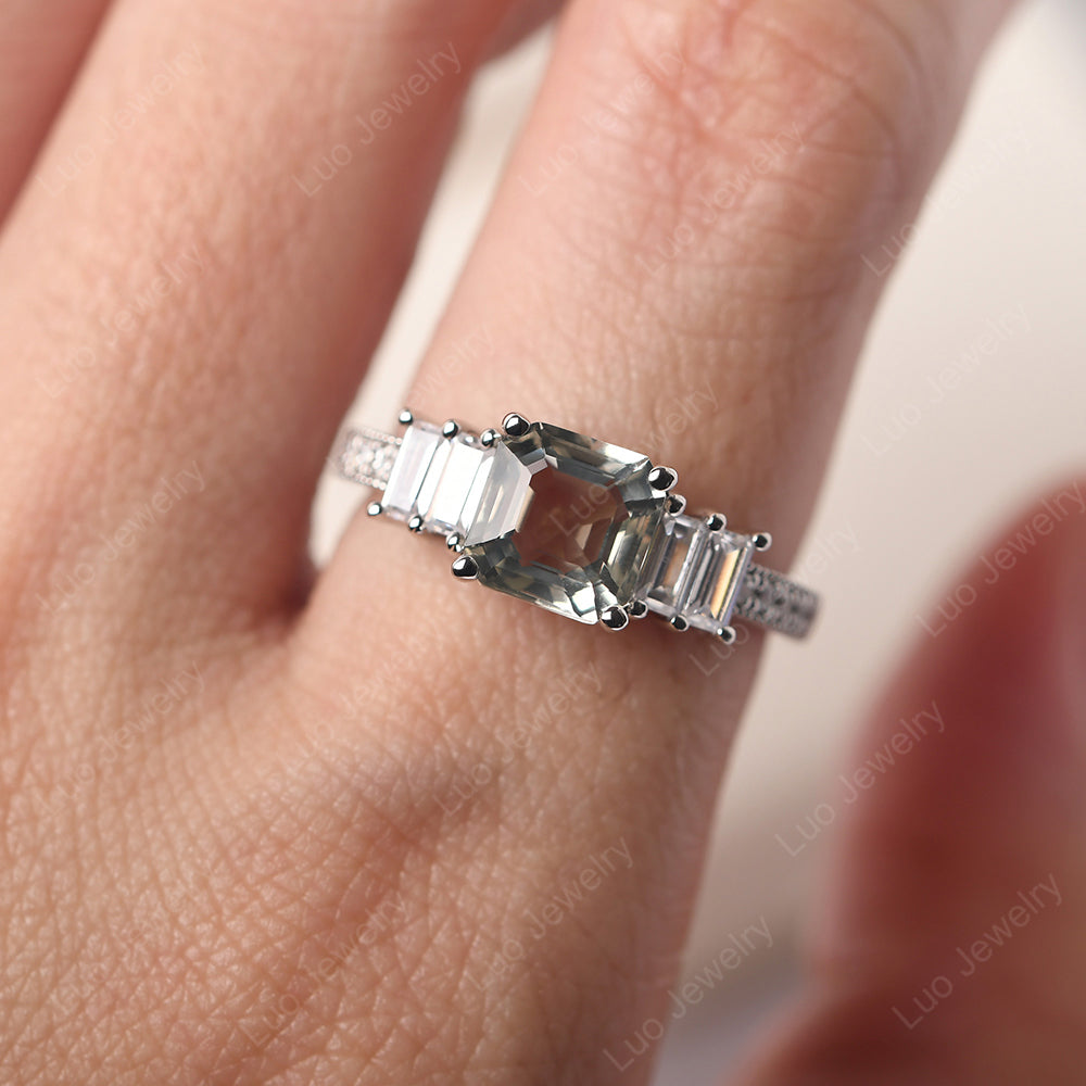 Asscher Cut Green Amethyst Engagement Ring With Baguette - LUO Jewelry