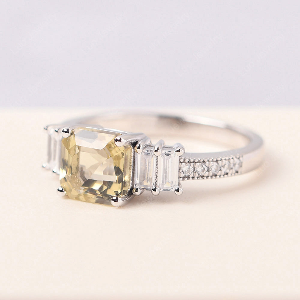 Asscher Cut Lemon Quartz Engagement Ring With Baguette - LUO Jewelry
