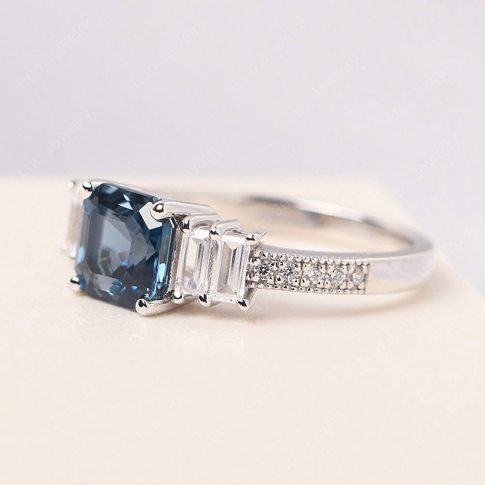 Asscher Cut London Blue Topaz Engagement Ring With Baguette - LUO Jewelry