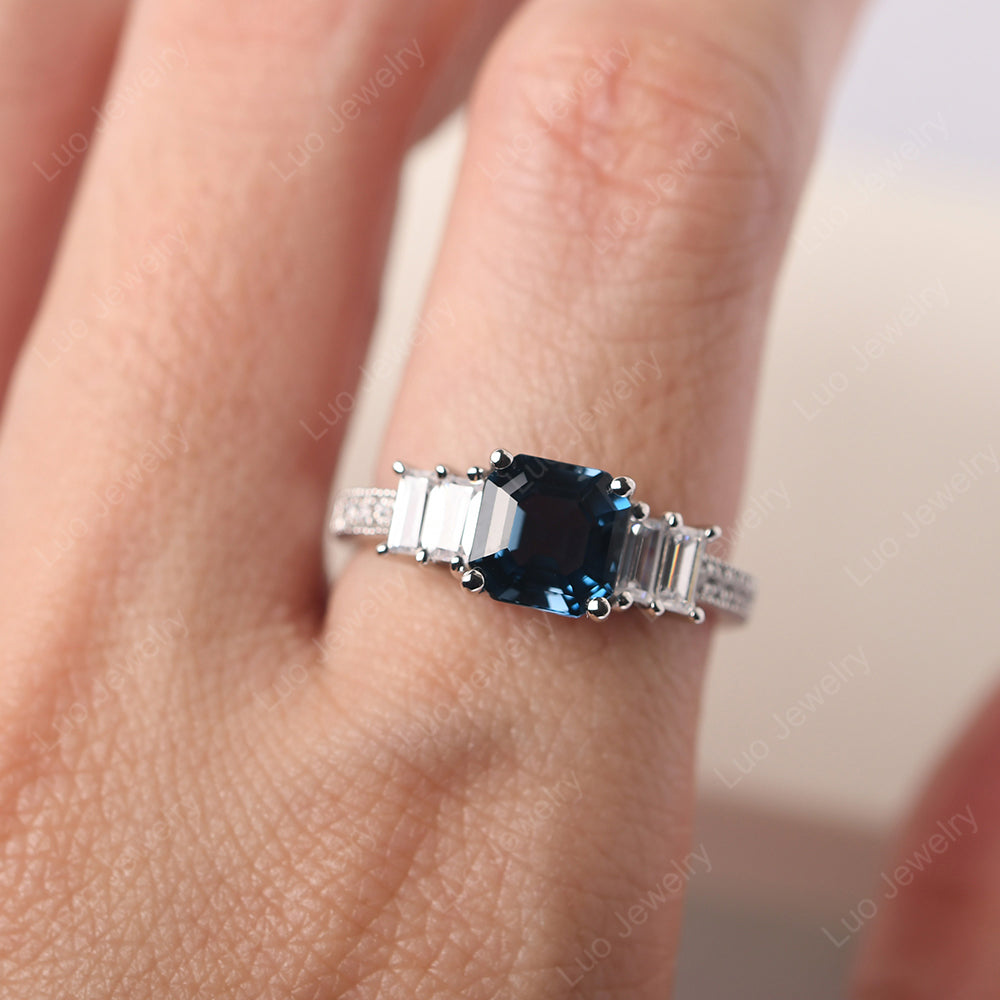 Asscher Cut London Blue Topaz Engagement Ring With Baguette - LUO Jewelry