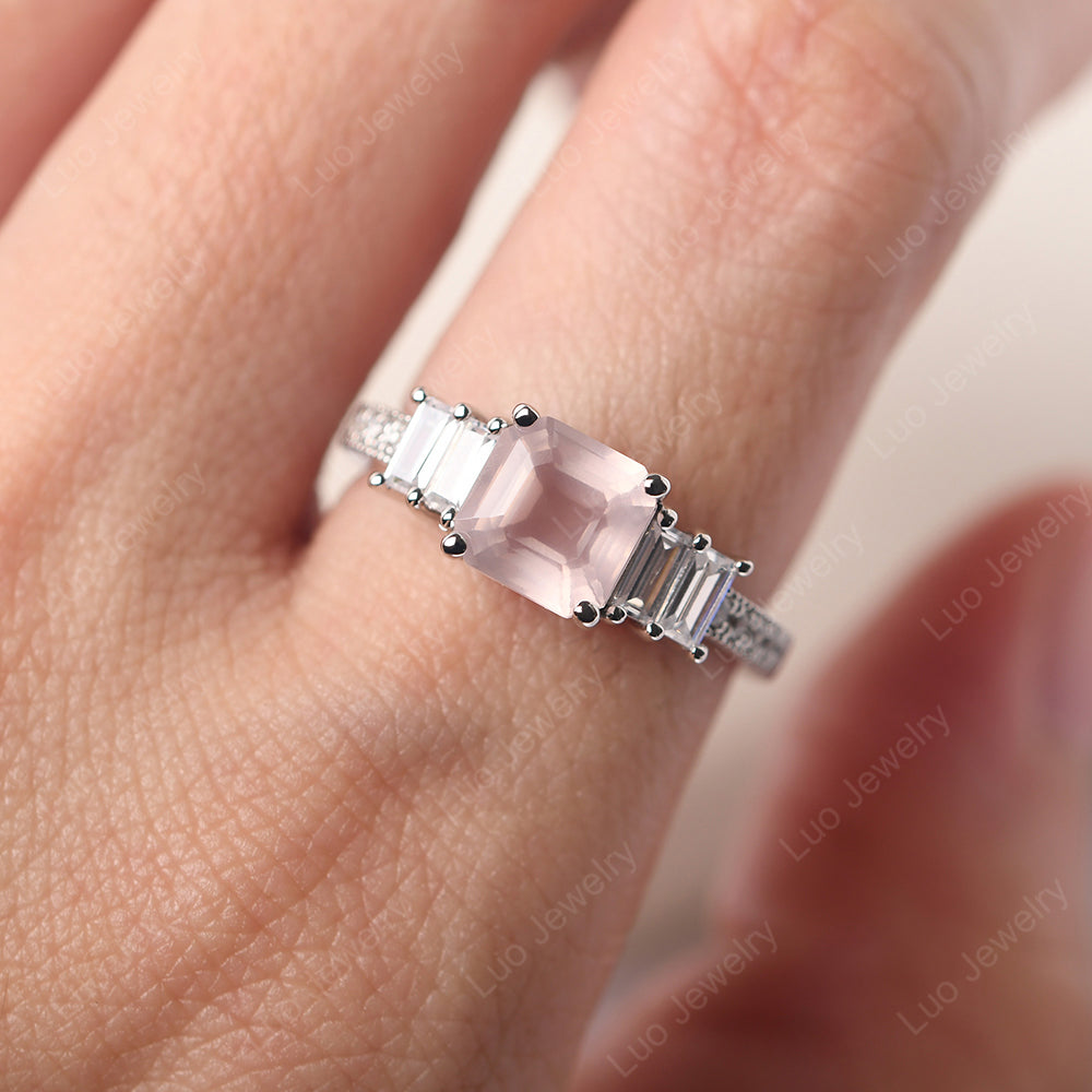Asscher Cut Rose Quartz Engagement Ring With Baguette - LUO Jewelry