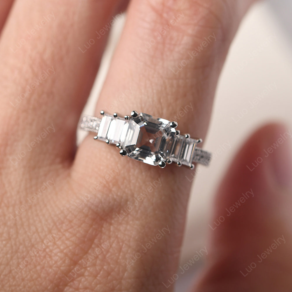 Asscher Cut White Topaz Engagement Ring With Baguette - LUO Jewelry