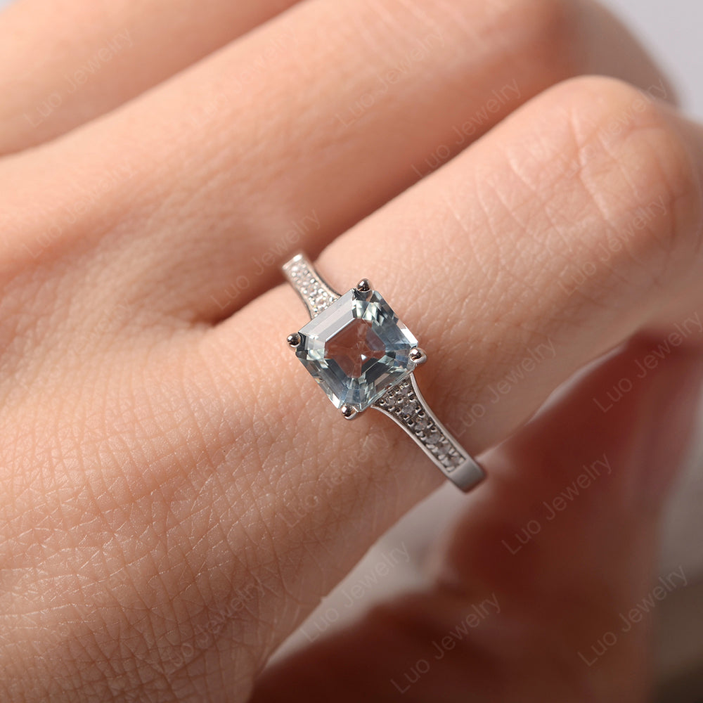 Aquamarine Ring Asscher Cut Engagement Ring - LUO Jewelry