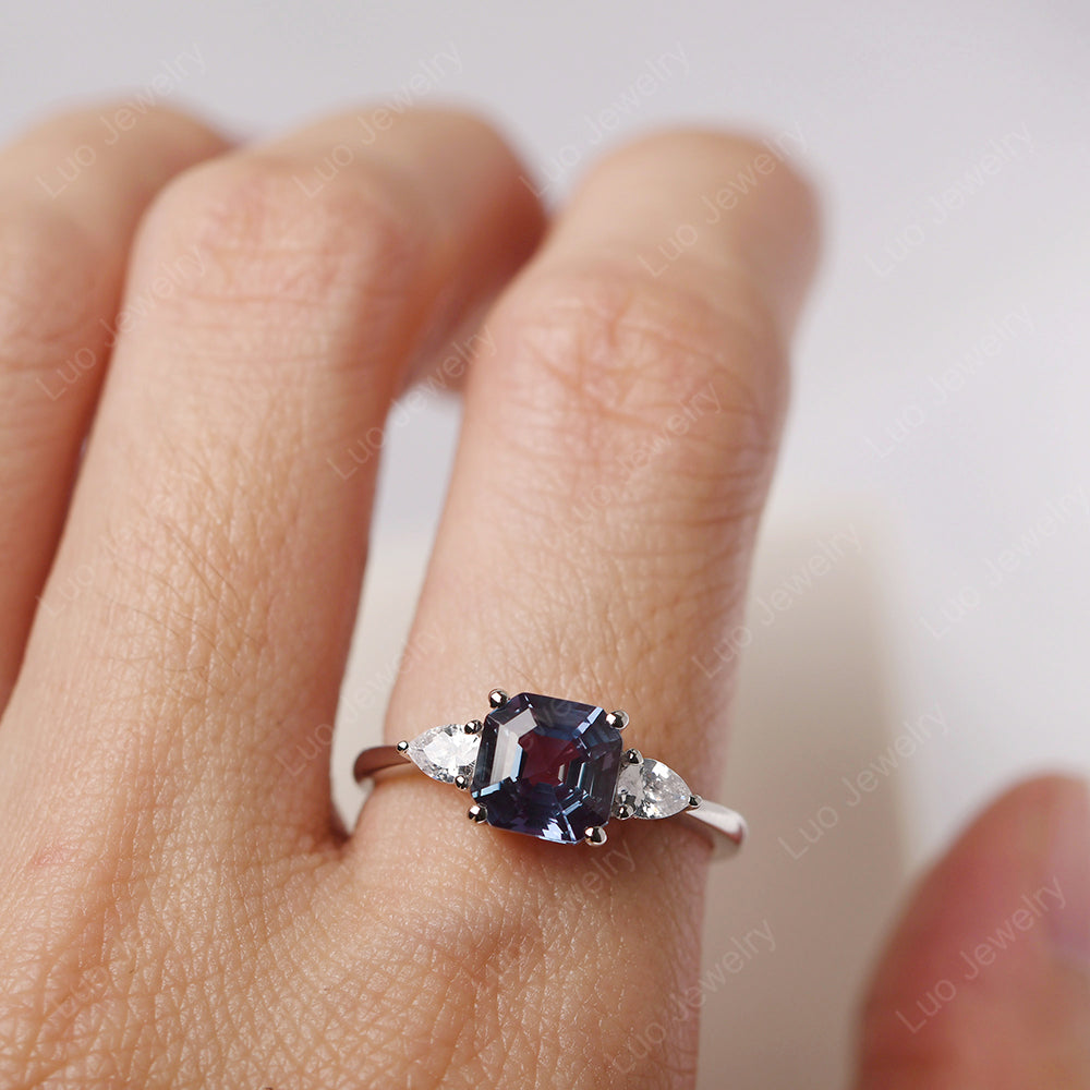 Asscher Cut Alexandrite Ring With Pear Side Stone - LUO Jewelry