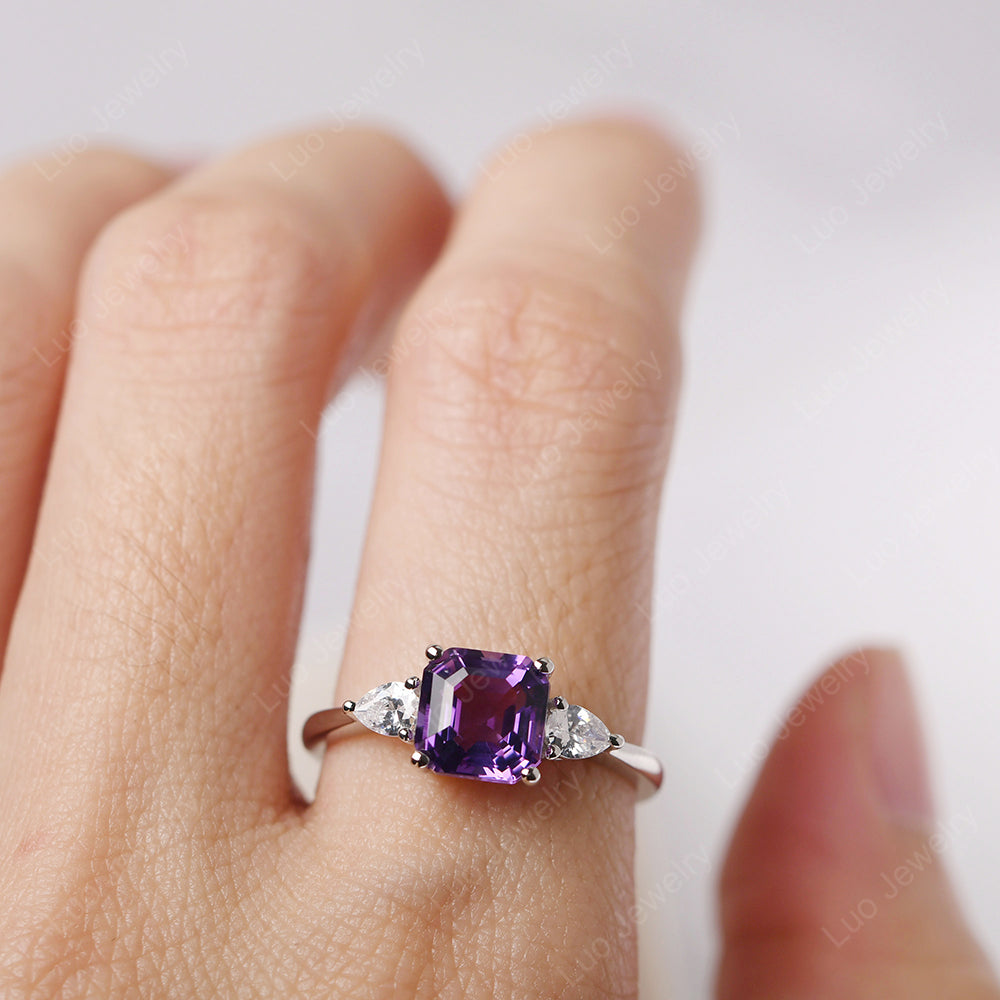 Asscher Cut Amethyst Ring With Pear Side Stone - LUO Jewelry