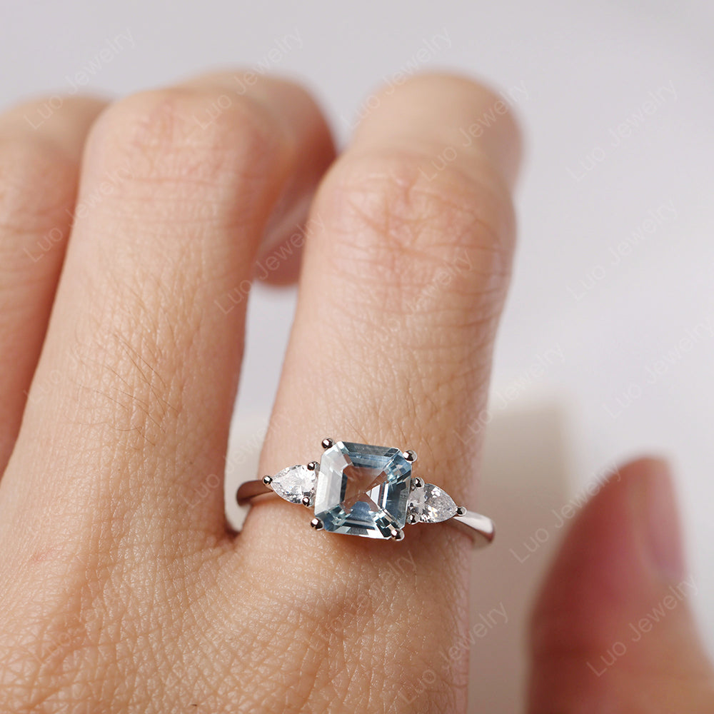 Asscher Cut Aquamarine Ring With Pear Side Stone - LUO Jewelry