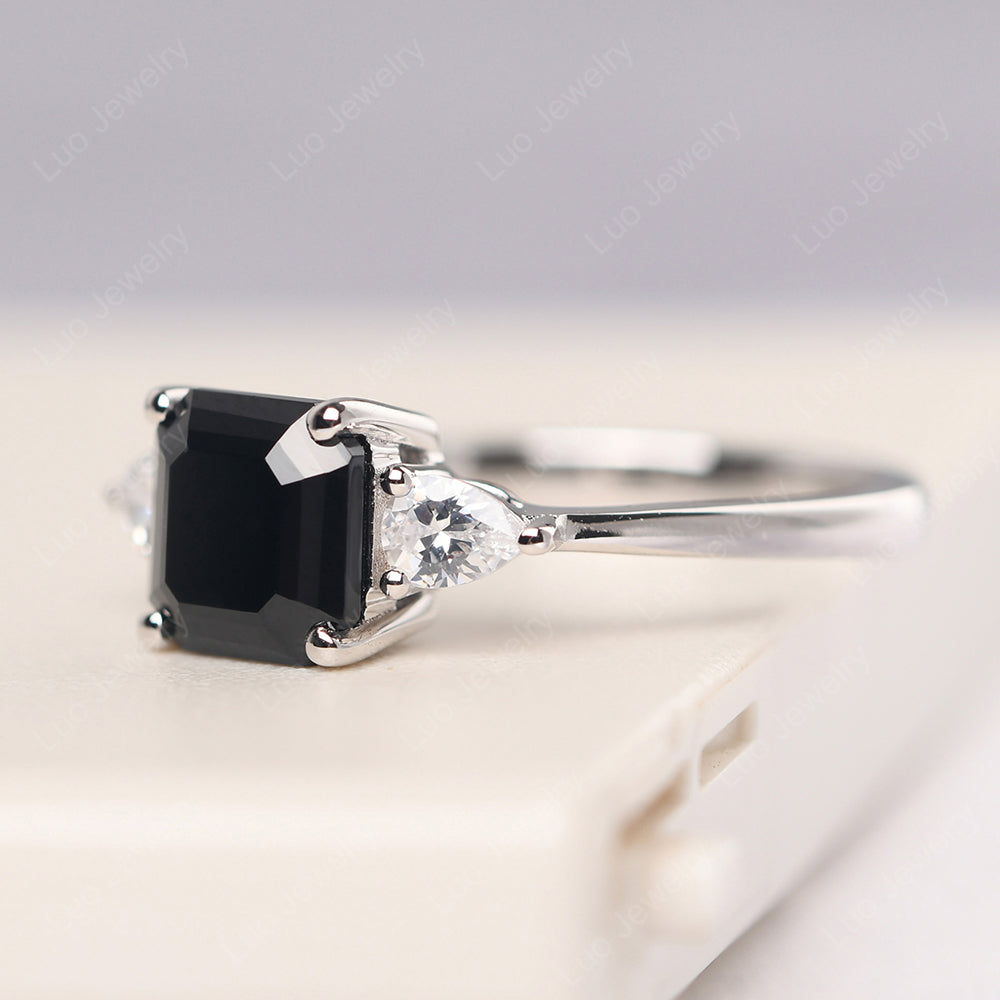 Asscher Cut Black Spinel Ring With Pear Side Stone - LUO Jewelry