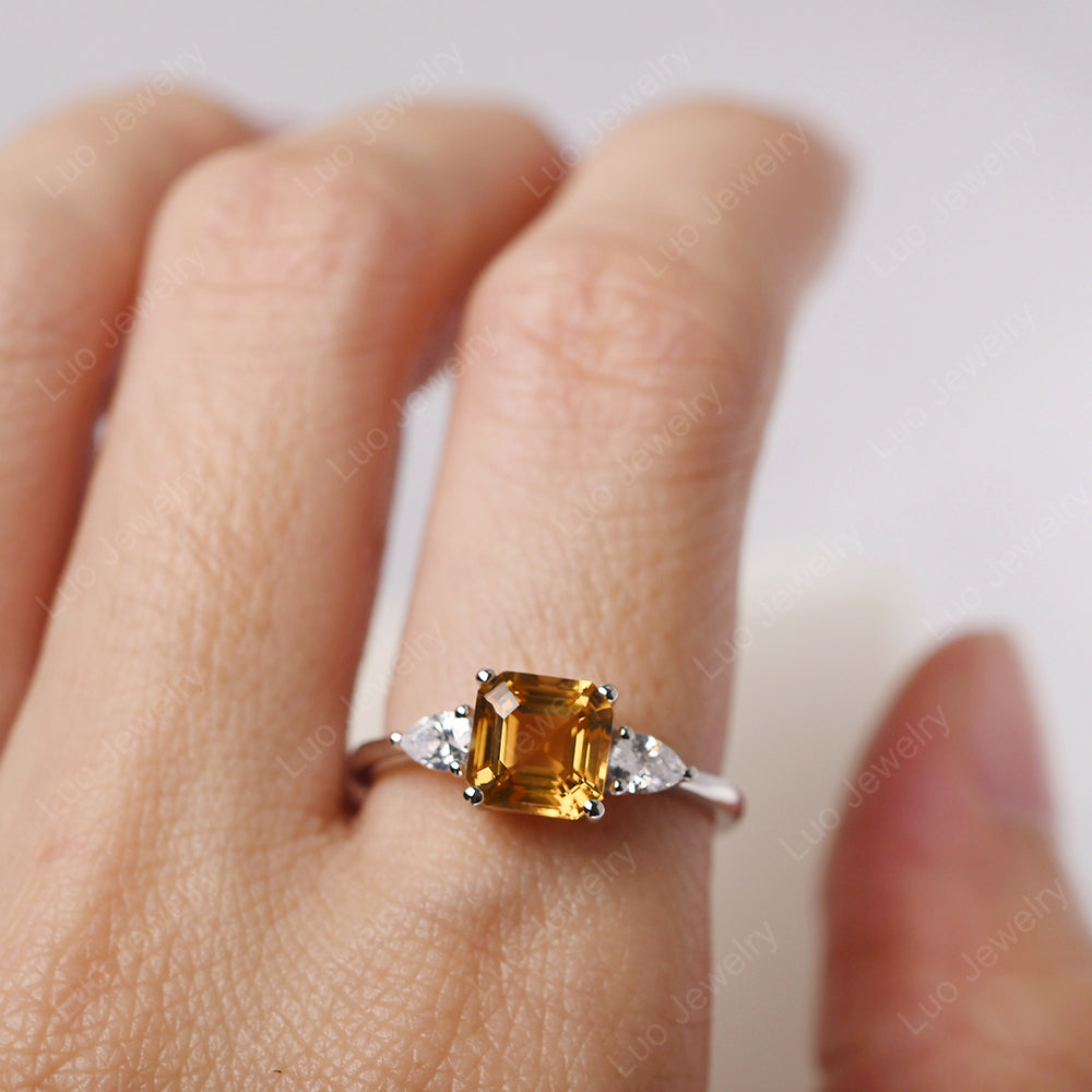 Asscher Cut Citrine Ring With Pear Side Stone - LUO Jewelry
