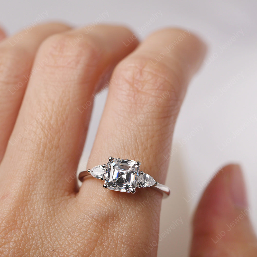 Asscher Cut Cubic Zirconia Ring With Pear Side Stone - LUO Jewelry