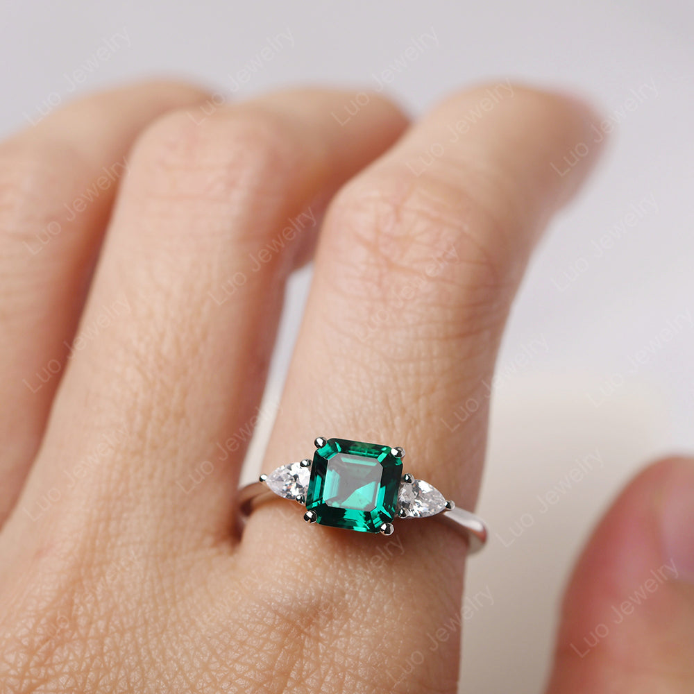 Asscher Cut Emerald Ring With Pear Side Stone - LUO Jewelry