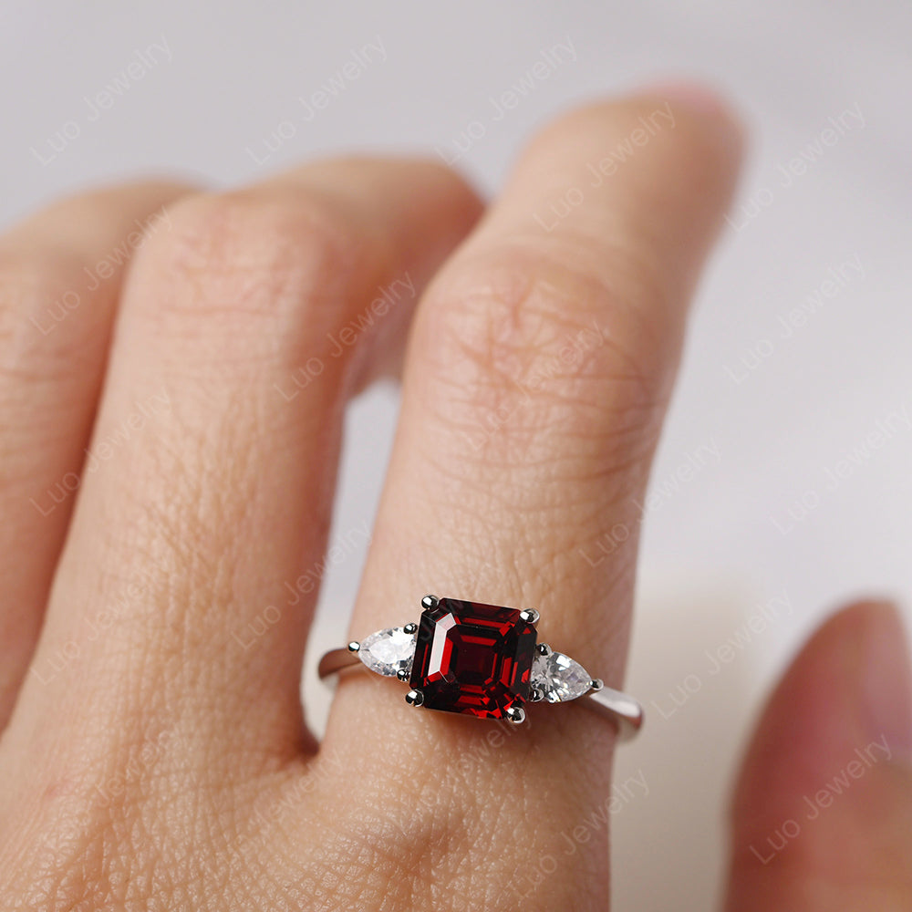 Asscher Cut Garnet Ring With Pear Side Stone - LUO Jewelry