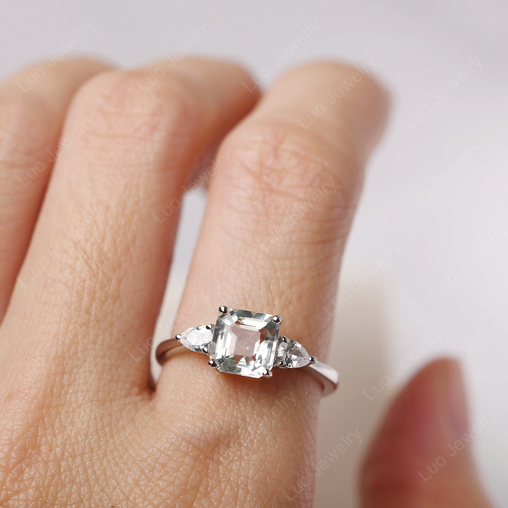 Asscher Cut Green Amethyst Ring With Pear Side Stone - LUO Jewelry