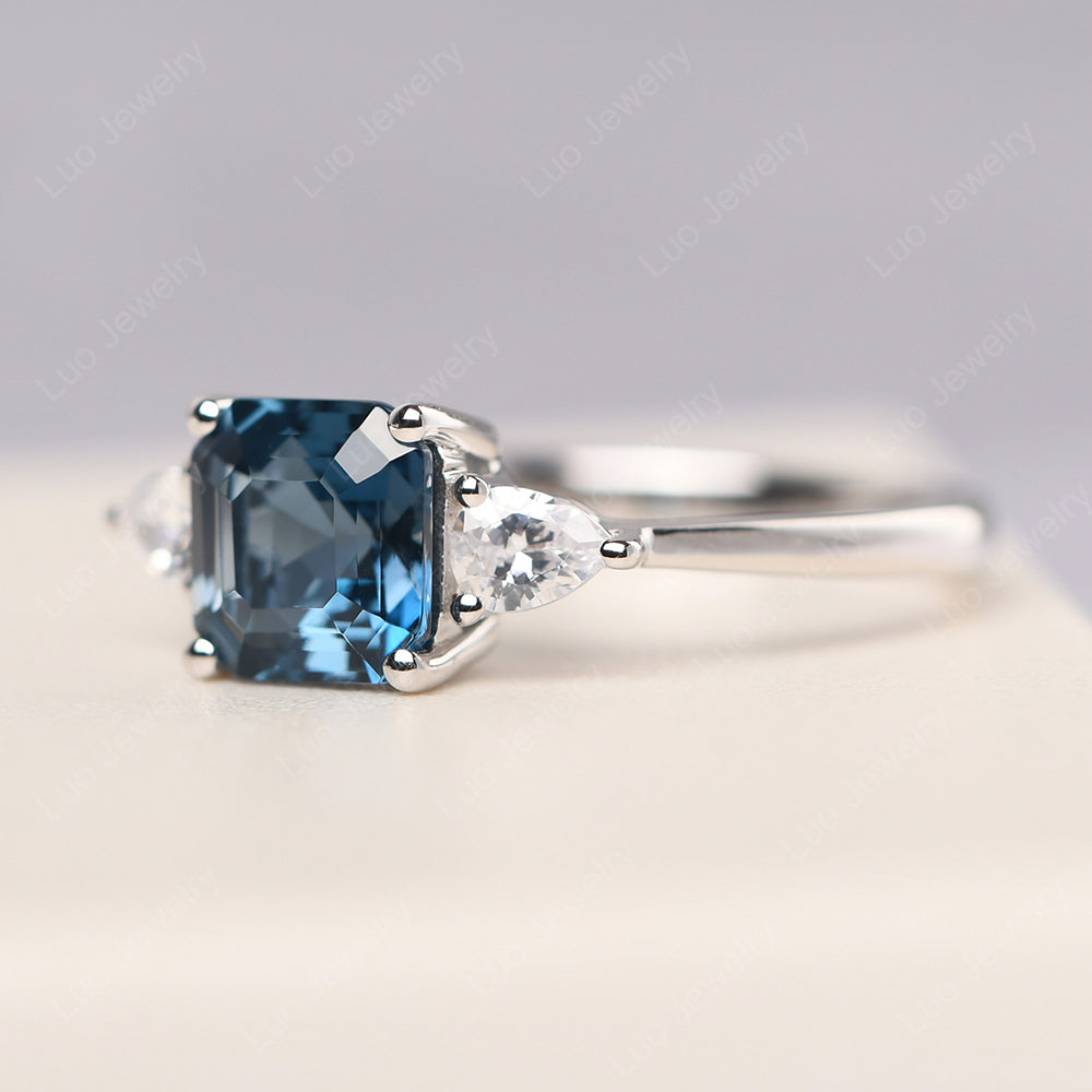Asscher Cut London Blue Topaz Ring With Pear Side Stone - LUO Jewelry