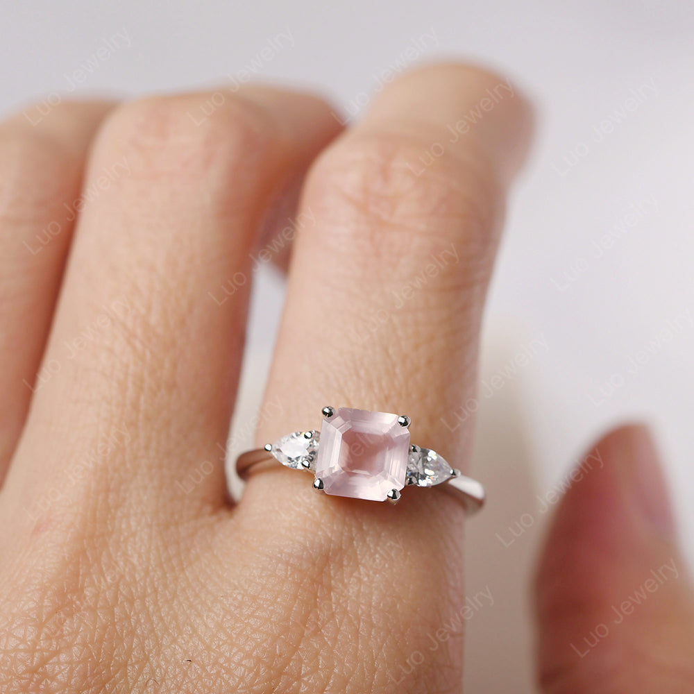 Asscher Cut Rose Quartz Ring With Pear Side Stone - LUO Jewelry