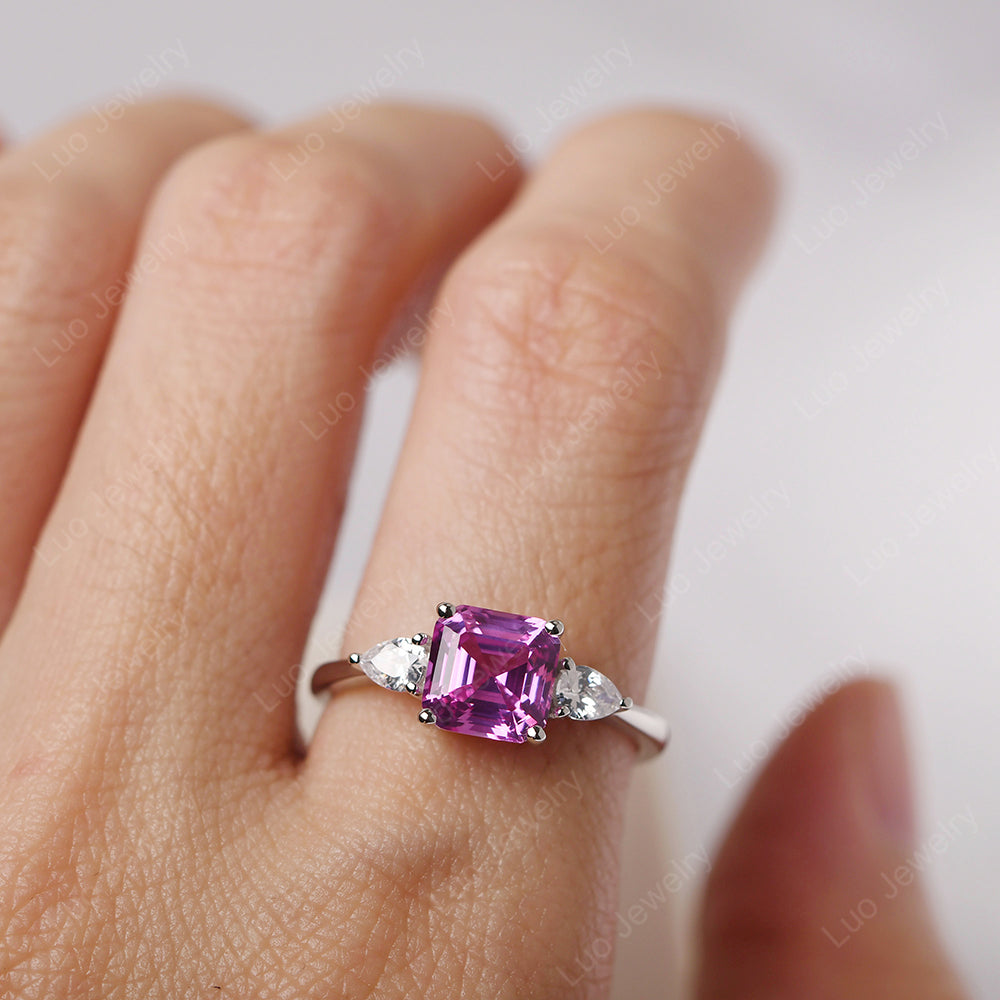 Asscher Cut Pink Sapphire Ring With Pear Side Stone - LUO Jewelry