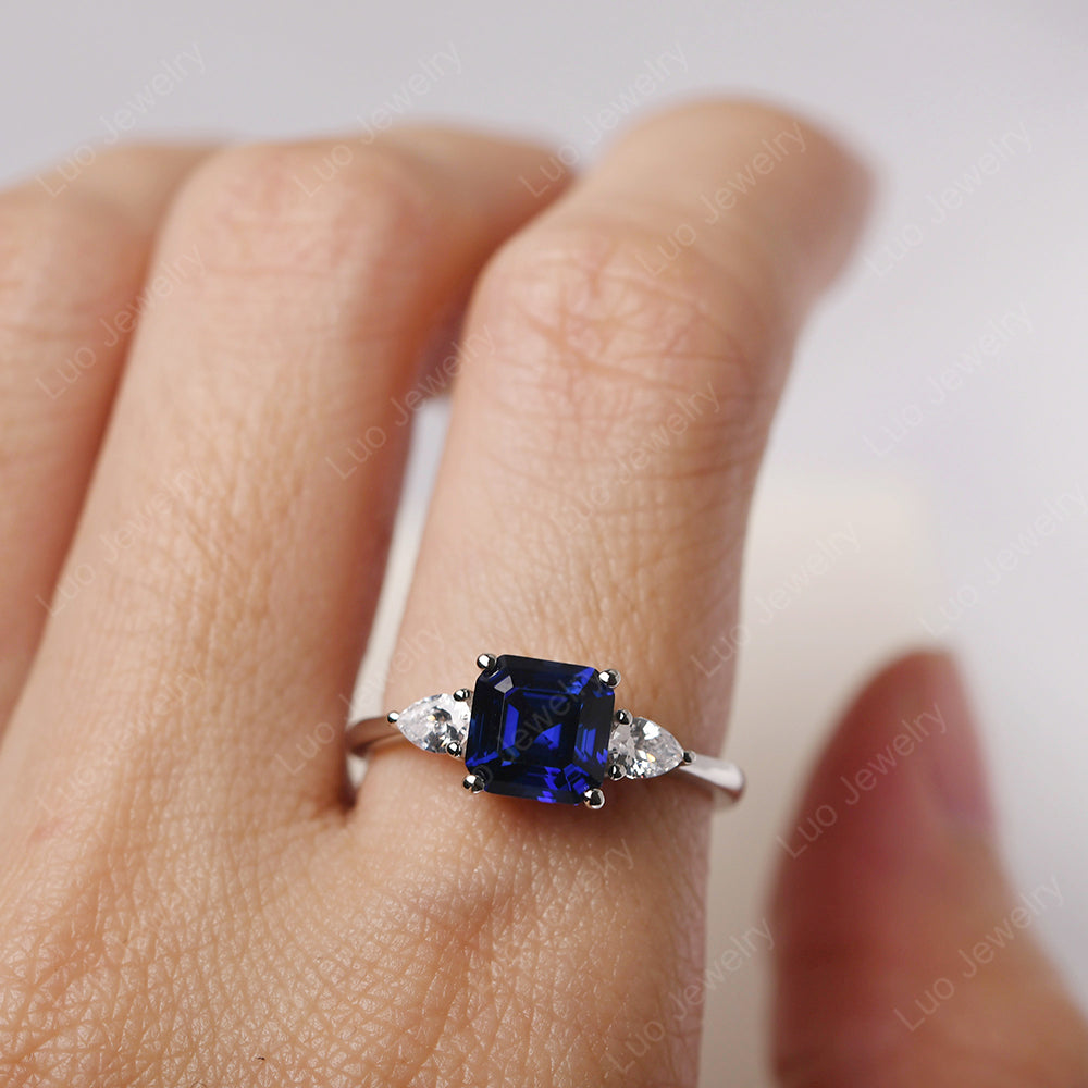 Asscher Cut Lab Sapphire Ring With Pear Side Stone - LUO Jewelry