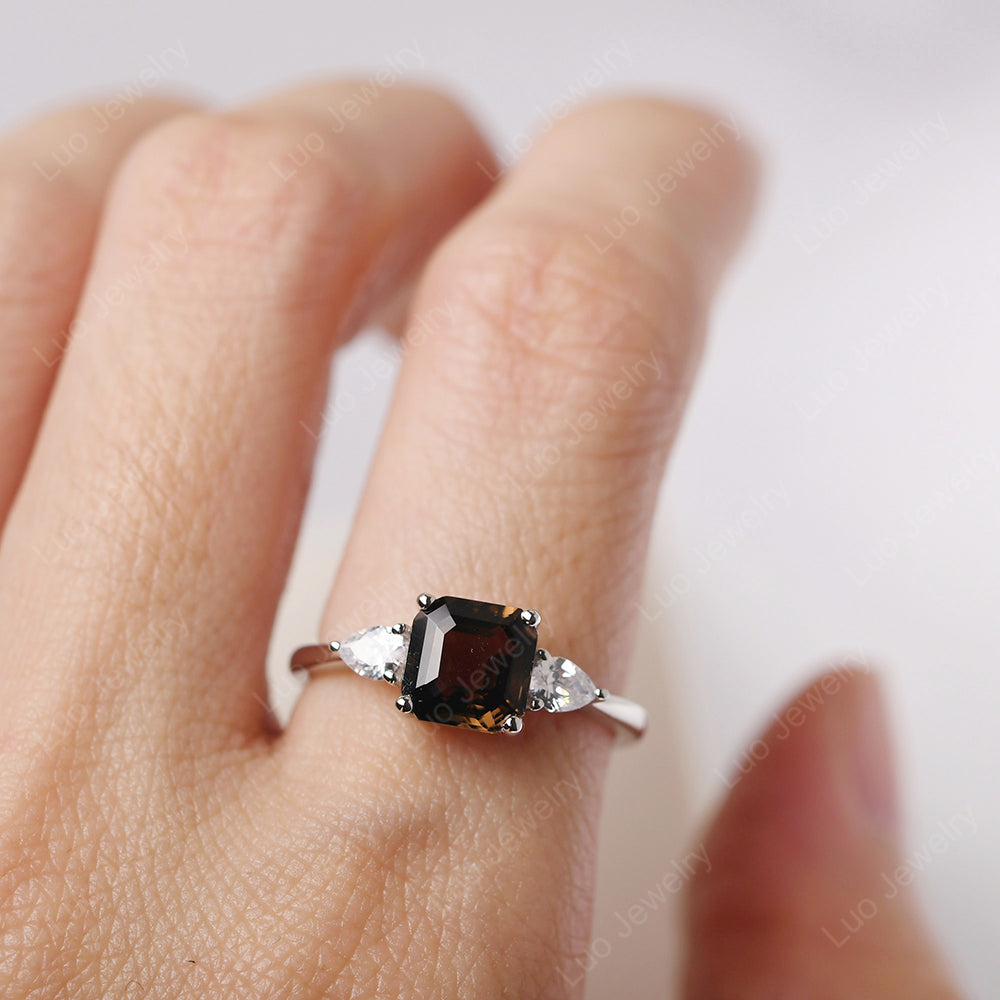 Asscher Cut Smoky Quartz Ring With Pear Side Stone - LUO Jewelry